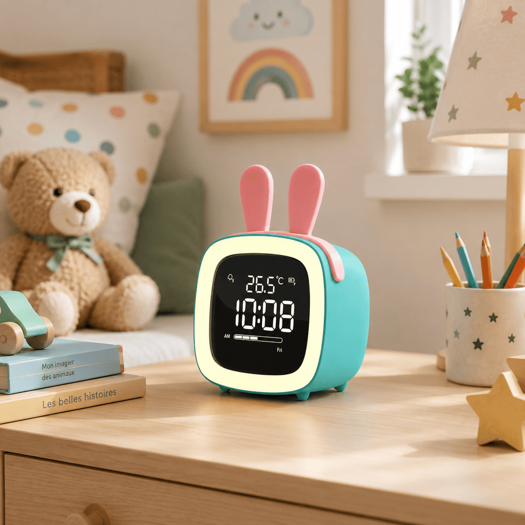 réveil veilleuse lapin bleu chambre enfant - monreveil.com