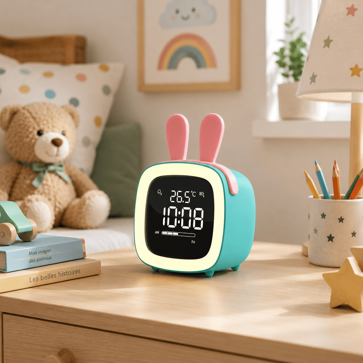 réveil veilleuse lapin bleu chambre enfant - monreveil.com