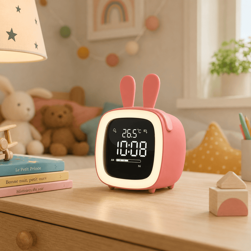 réveil veilleuse lapin rose chambre enfant - monreveil.com