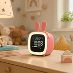 Réveil lapin rose avec lumière chaude dans une chambre
