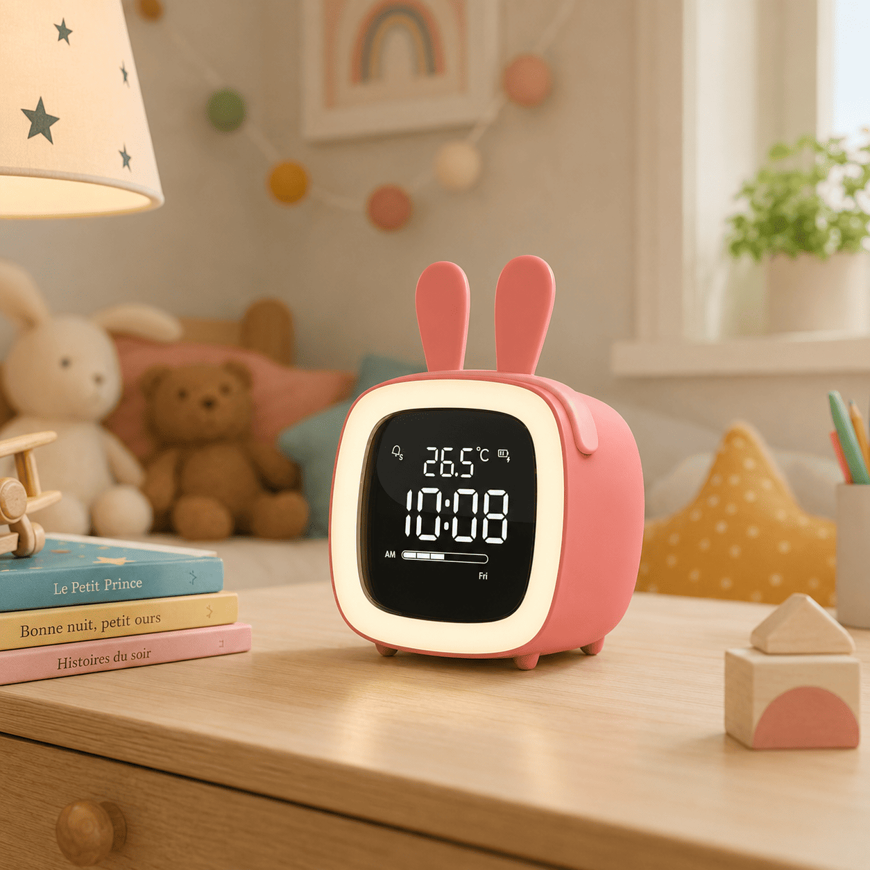 réveil veilleuse lapin rose chambre enfant - monreveil.com