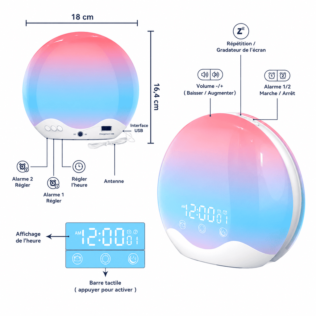 radio réveil couché de soleil boutons et ports d'alimentations - monreveil.com
