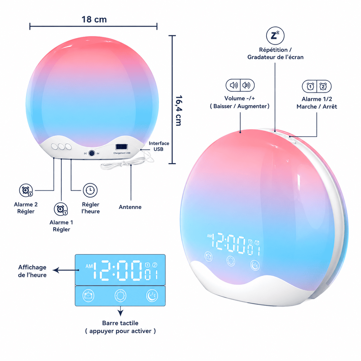radio réveil couché de soleil boutons et ports d'alimentations - monreveil.com
