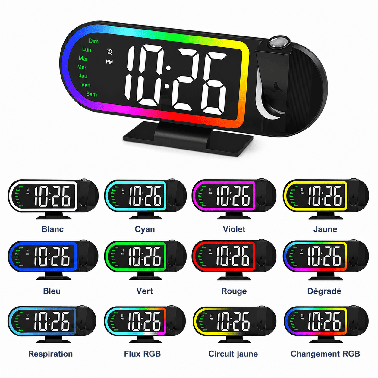 réveil projection avec 17 couleurs et RGB sur fond blanc - monreveil.com