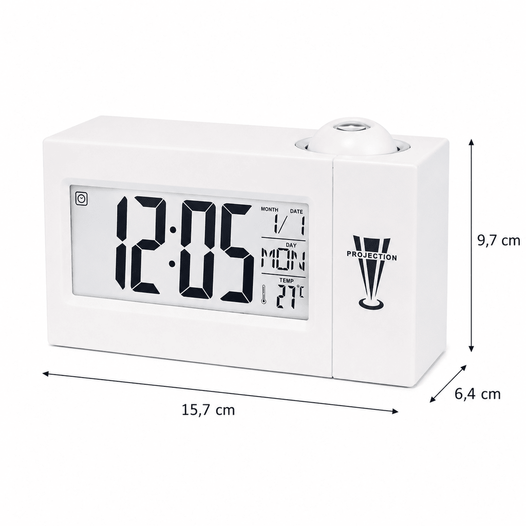 réveil projecteur blanc avec taille du produit sur fond blanc - monreveil.com