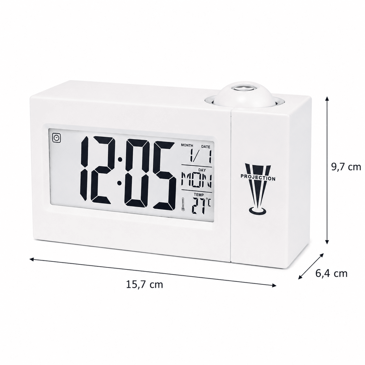 réveil projecteur blanc avec taille du produit sur fond blanc - monreveil.com