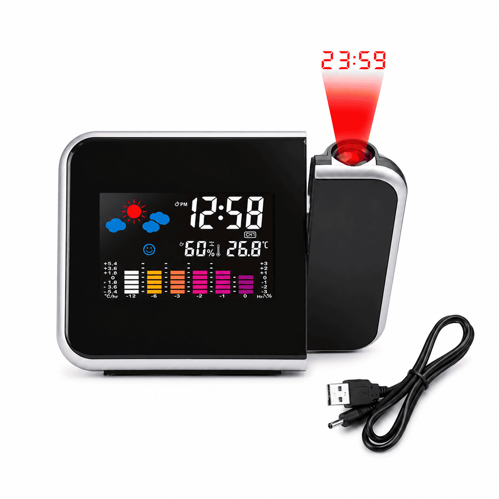 réveil projection noir sur fond blanc thermomètre et hygromètre - monreveil.com