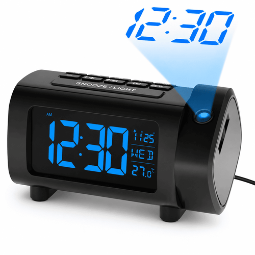 reveil projecteur radio FM sur fond blanc