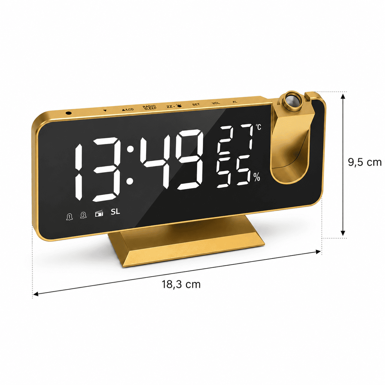 réveil projection plafond avec taille du produit sur fond blanc - monreveil.com