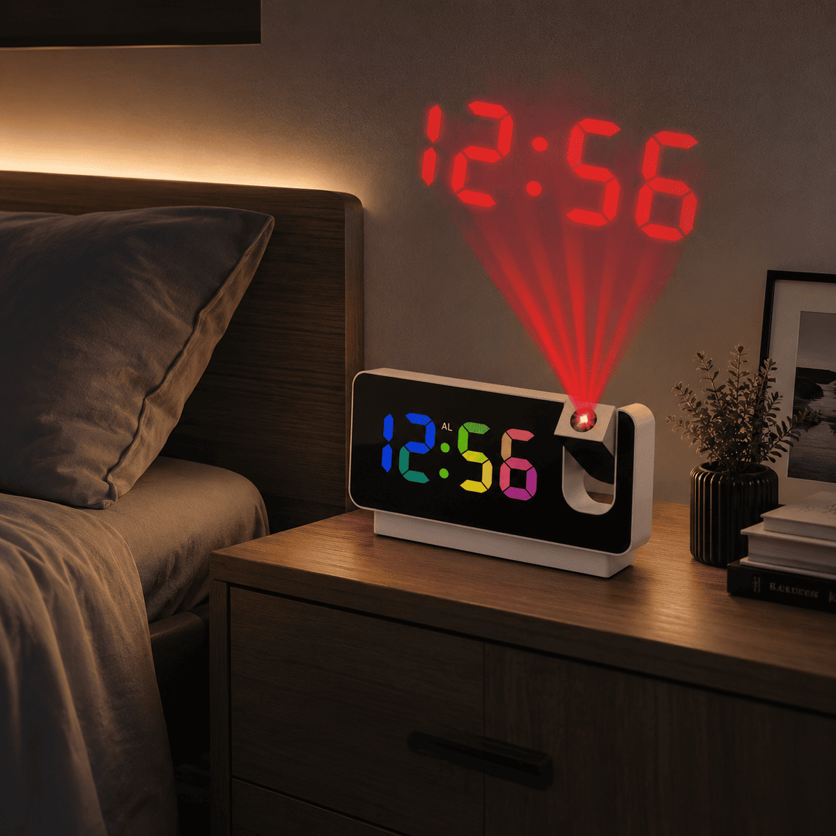 réveil projection blanc 3 mètres à ecran miroir dans une chambre adulte