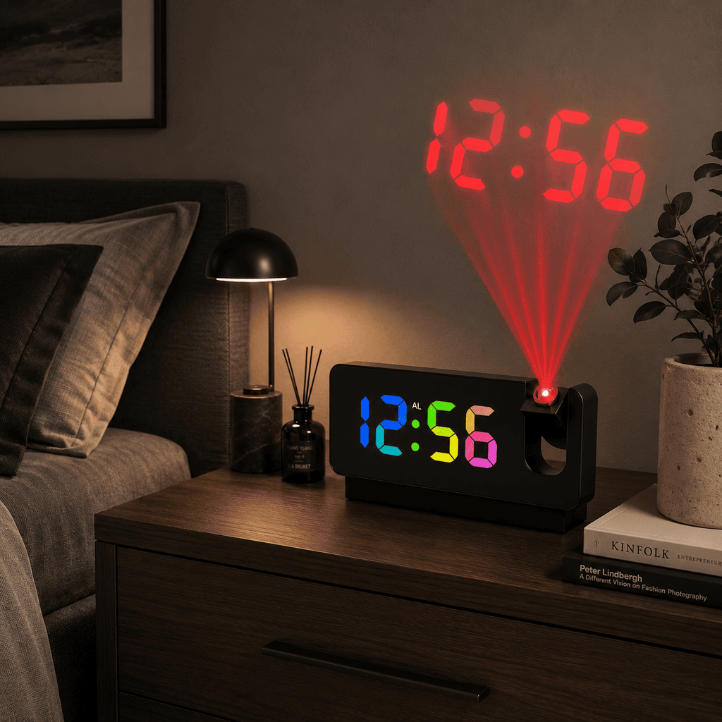 réveil projection noir 3 mètres à écran miroir dans une chambre adulte