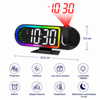 Réveil projection plafond 180 degré taille et fonctionnalités thermomètre, alarme, luminosité réglable - monreveil.com