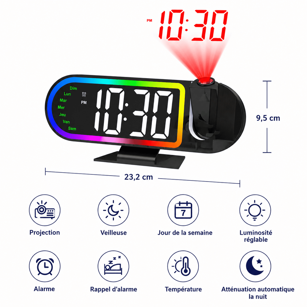 Réveil projection plafond 180 degré taille et fonctionnalités thermomètre, alarme, luminosité réglable - monreveil.com