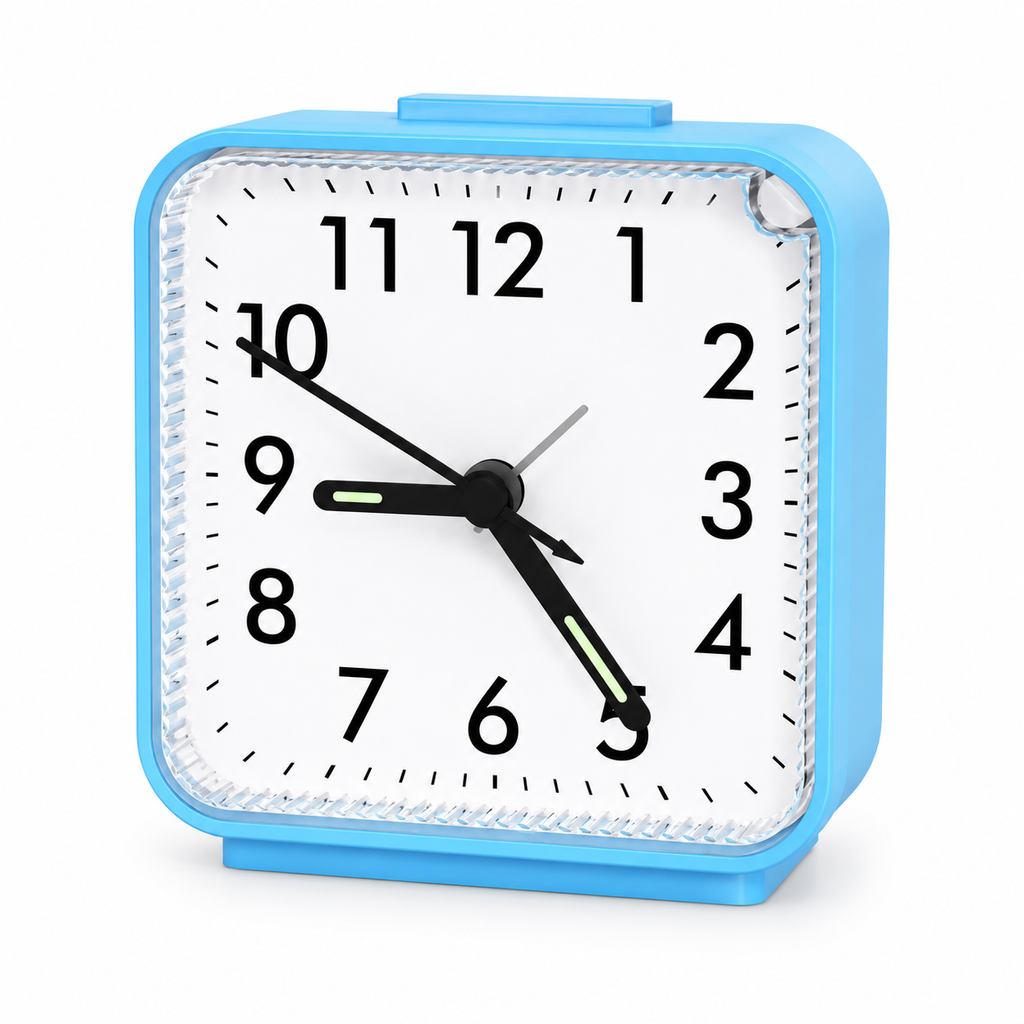 reveil horloge sans bruit bleu sur fond blanc - monreveil.com