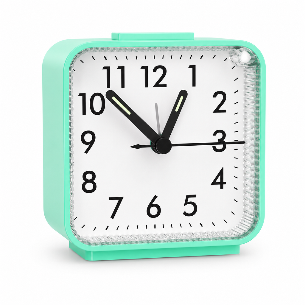 reveil horloge sans bruit turquoise sur fond blanc - monreveil.com