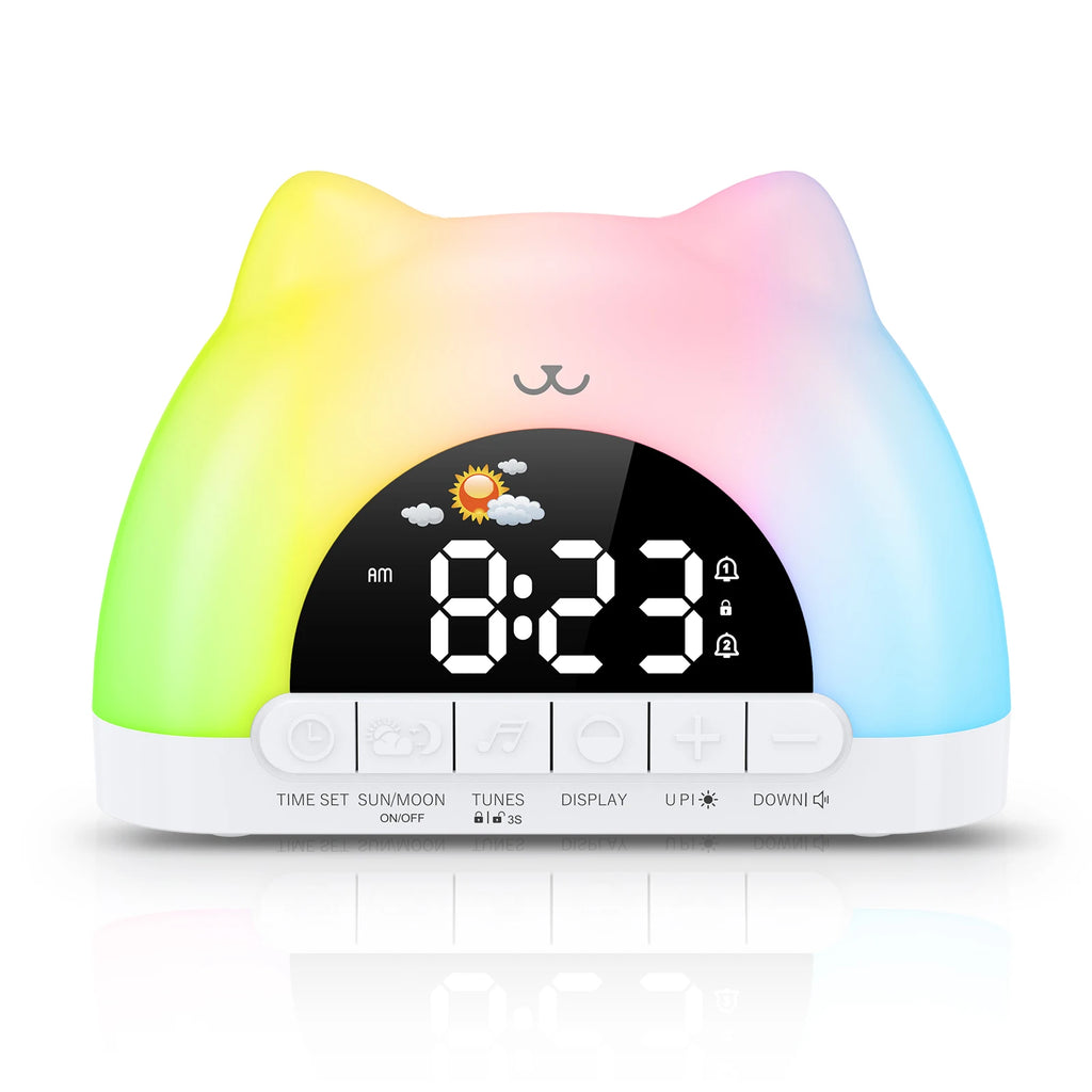 Réveil veilleuse chat blanc avec éclairage LED multicolore