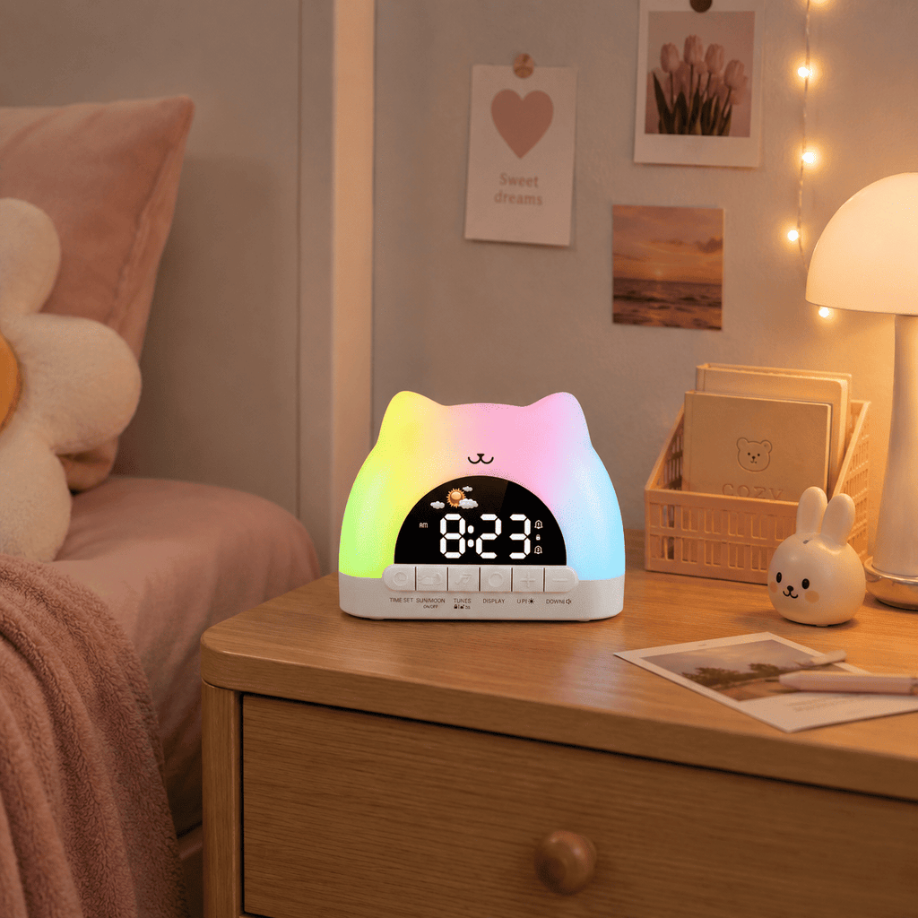 reveil veilleuse chat table de nuit enfant - monreveil.com