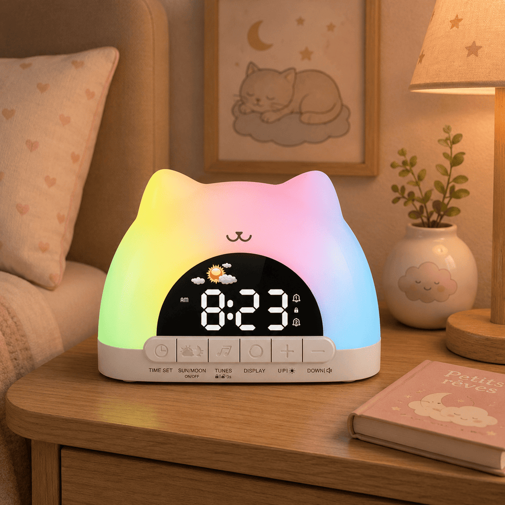 reveil veilleuse chat table de nuit enfant - monreveil.com