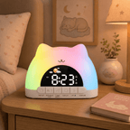 Réveil veilleuse chat multicolore sur une table de nuit