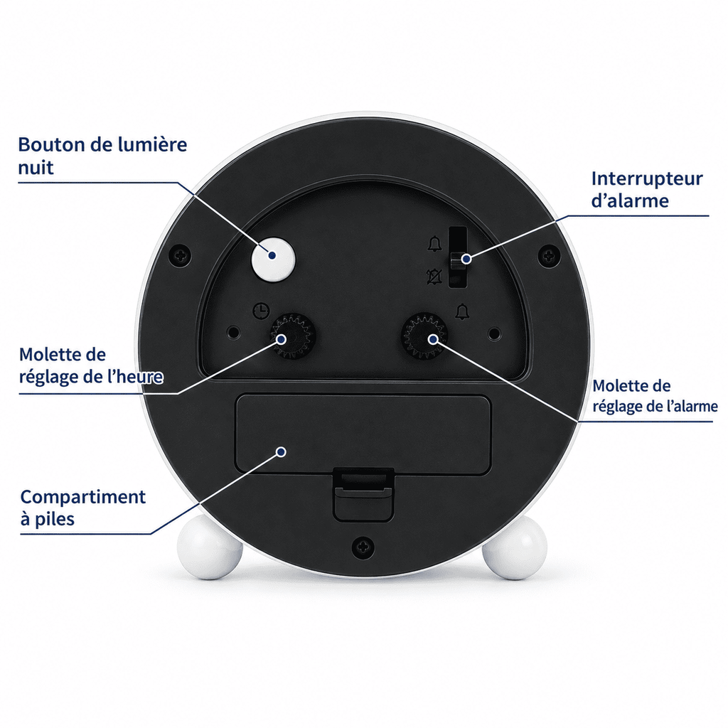 Réveil analogique éducatif vue de dos avec les boutons et fonctionnalités
