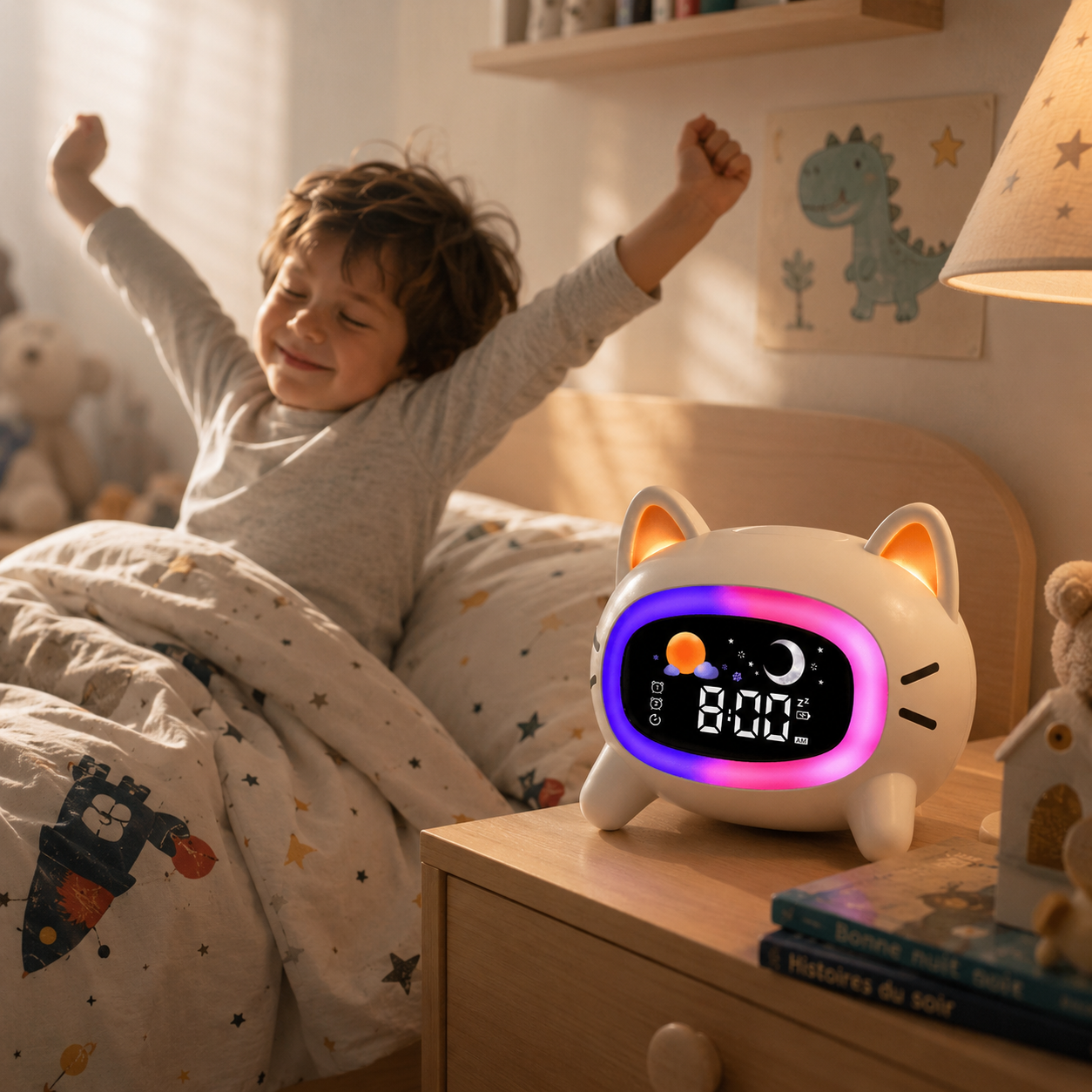 reveil veilleuse chat enfant qui se réveil dans sa chambre - monreveil.com