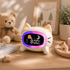 Réveil chat enfant avec halo lumineux dans une chambre