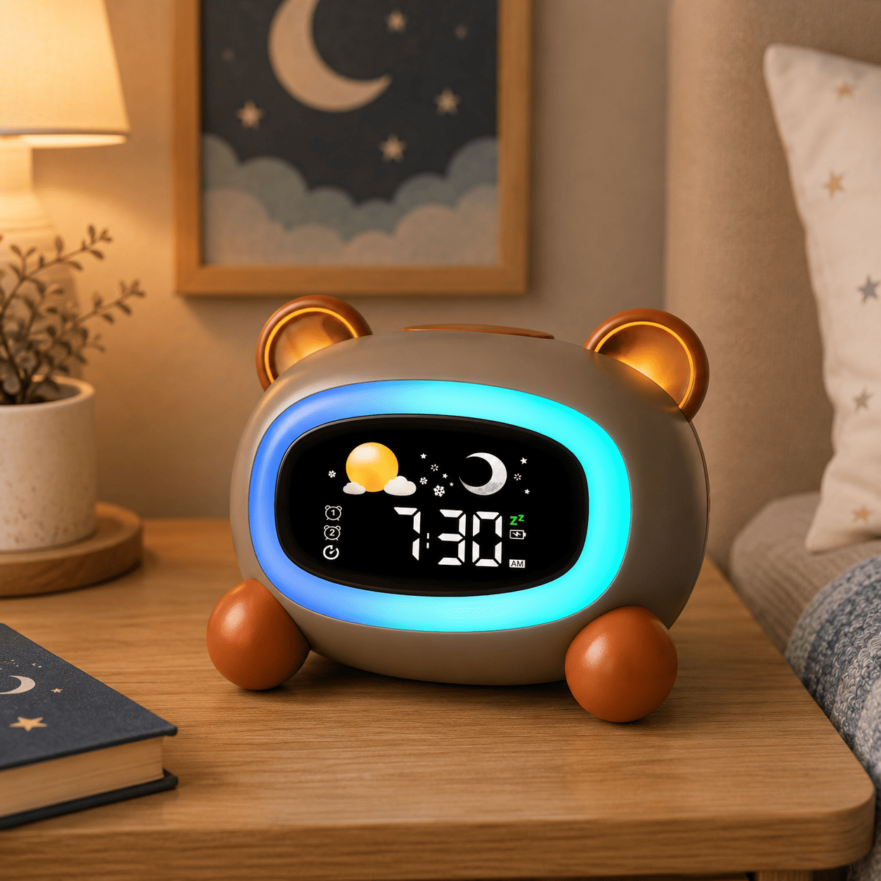 Reveil veilleuse ours sur une table de nuit - monreveil.com