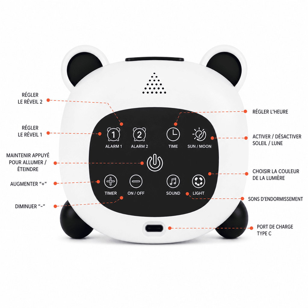 reveil veilleuse panda vue de dos avec port USB - monreveil.com