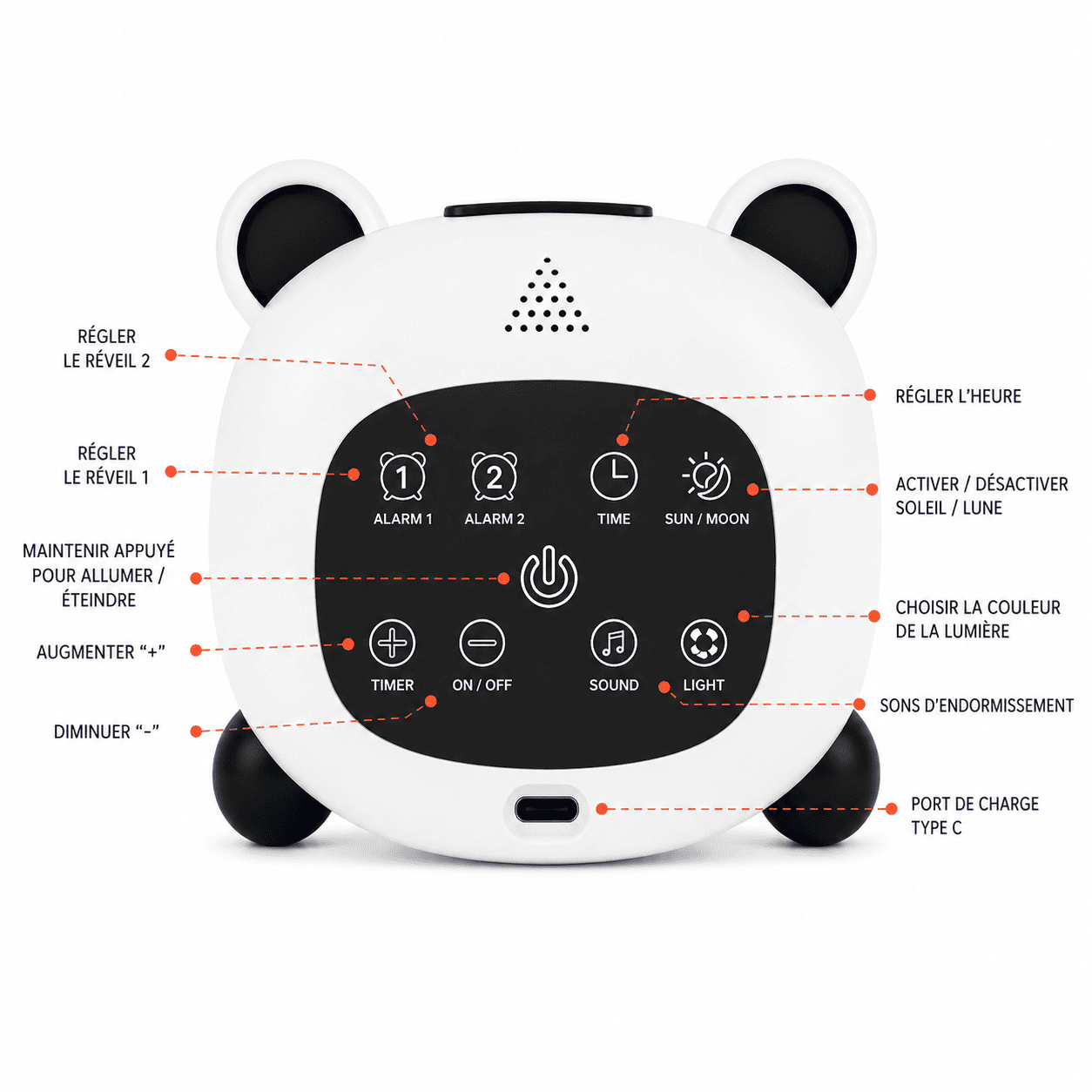 reveil veilleuse panda vue de dos avec port USB - monreveil.com