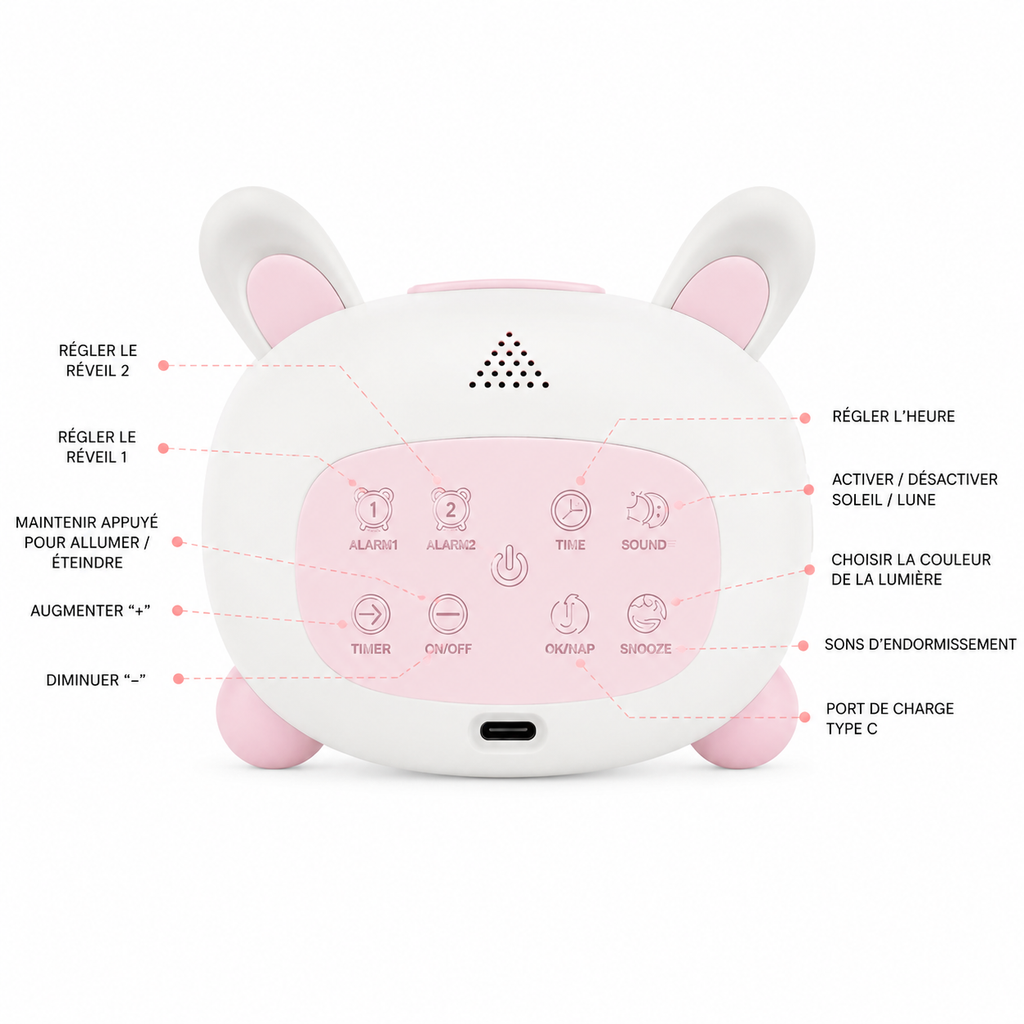 Reveil Veilleuse lapin pour enfant vue de dos - monreveil.com