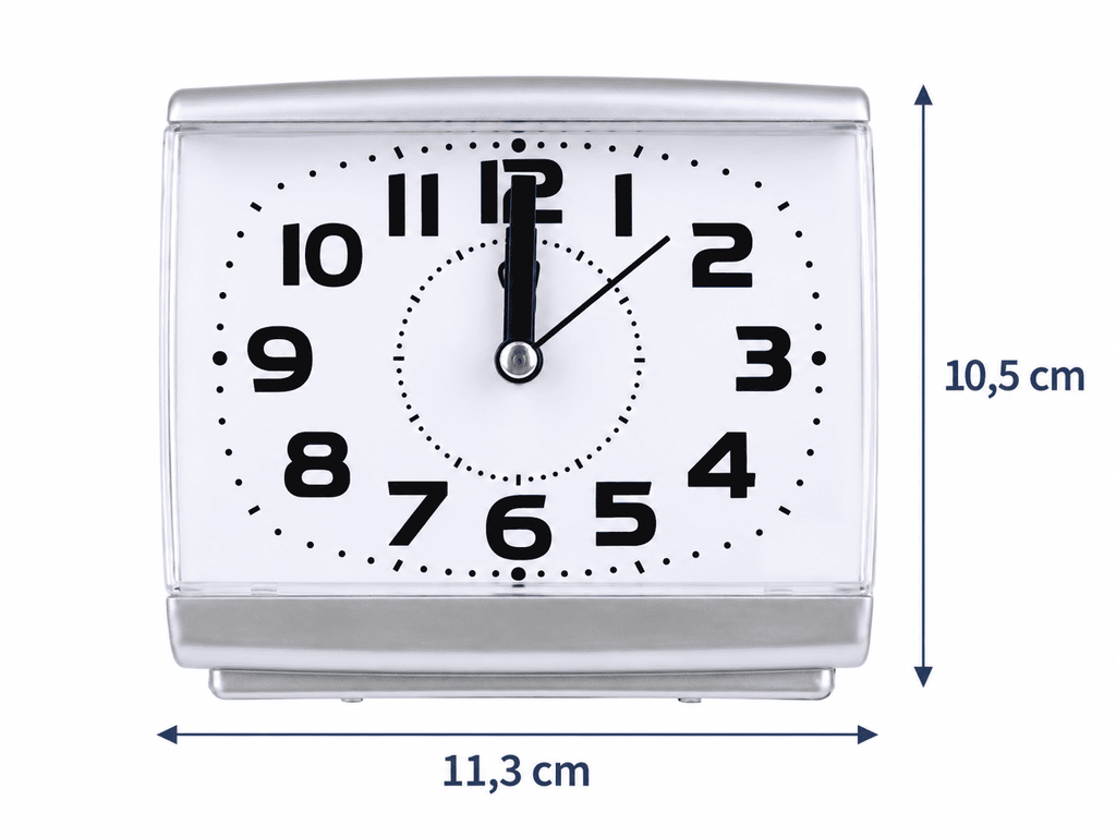 Réveil senior à grands chiffres sur fond blanc, avec les dimensions