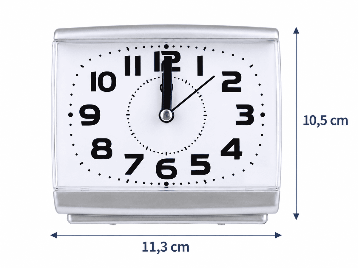 Réveil senior à grands chiffres sur fond blanc, avec les dimensions