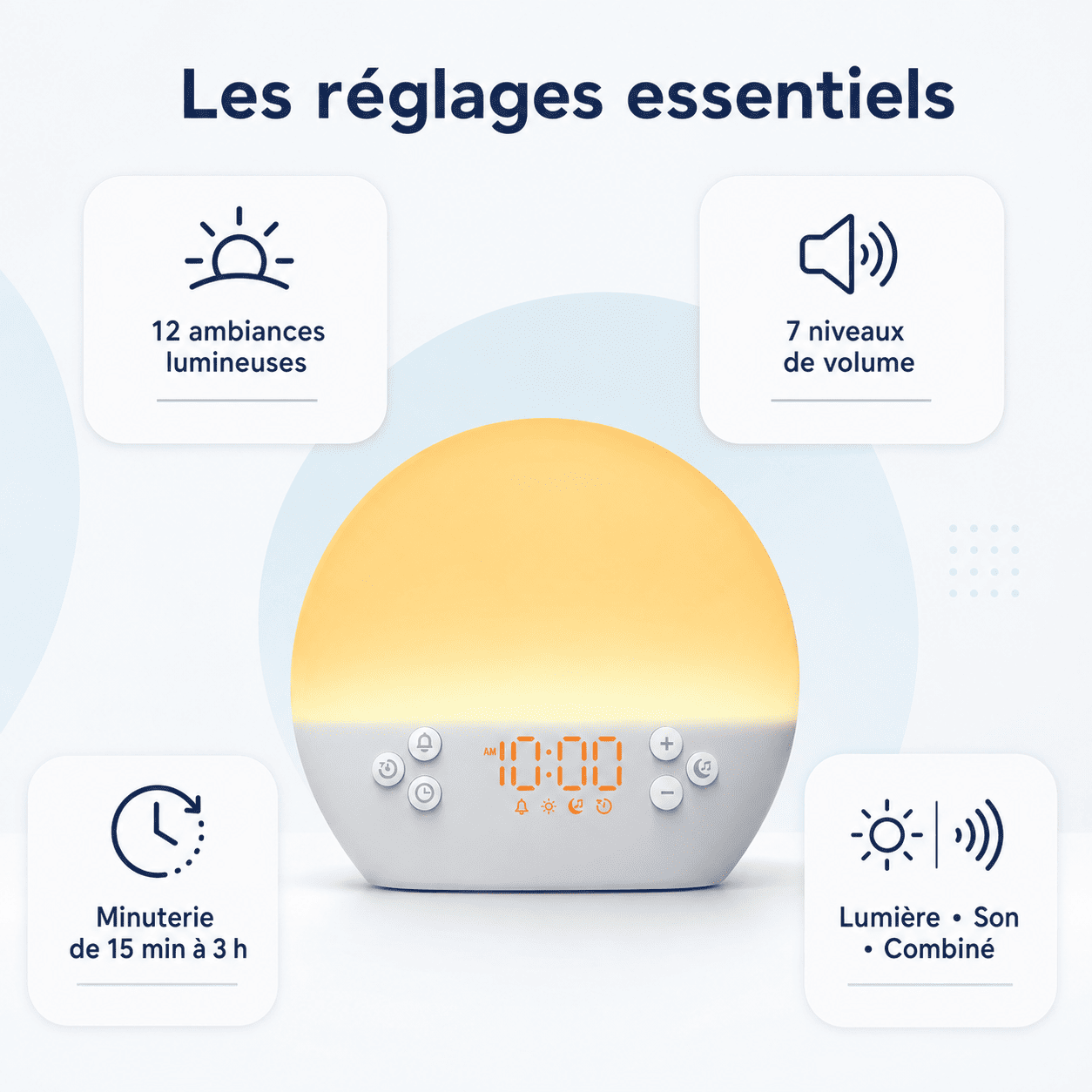 Réglages du réveil simulateur d’aube avec minuterie et ambiances lumineuses