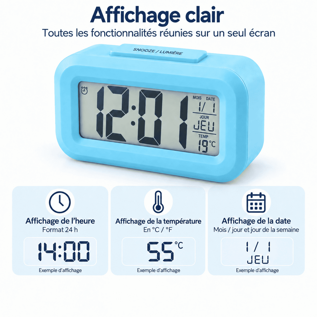 Réveil numérique enfant avec affichage clair de l’heure, de la date, du jour et de la température.