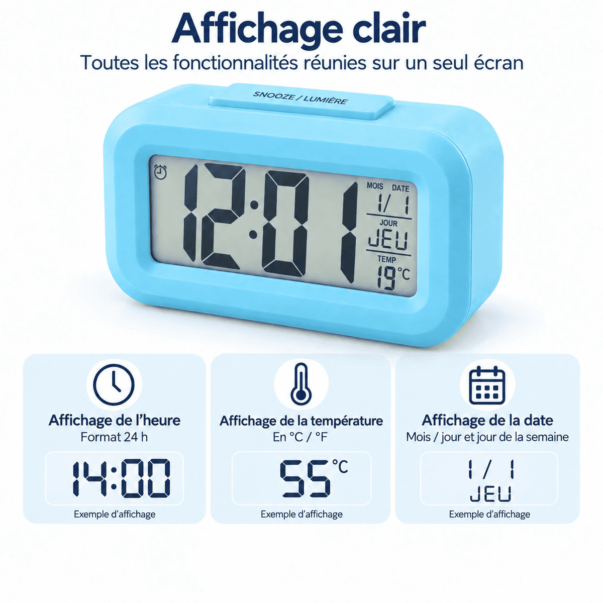 Réveil numérique enfant avec affichage clair de l’heure, de la date, du jour et de la température.