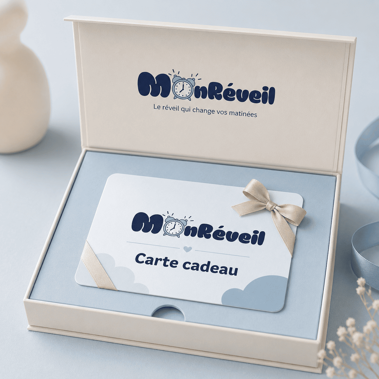Carte cadeau MonReveil dans un coffret beige au décor de la marque 