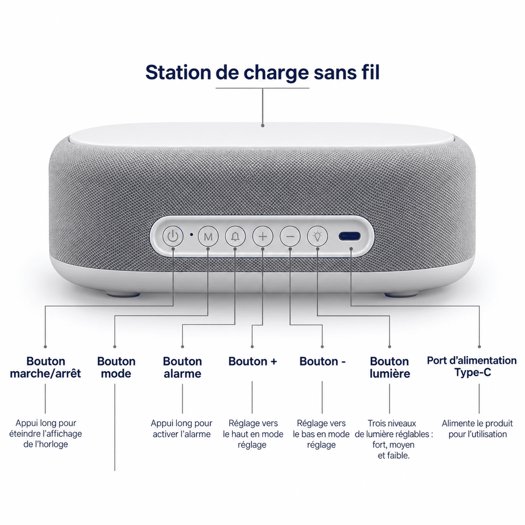 Réveil à induction triple alarme avec station de charge sans fil, boutons de réglage, lumière et port USB-C
