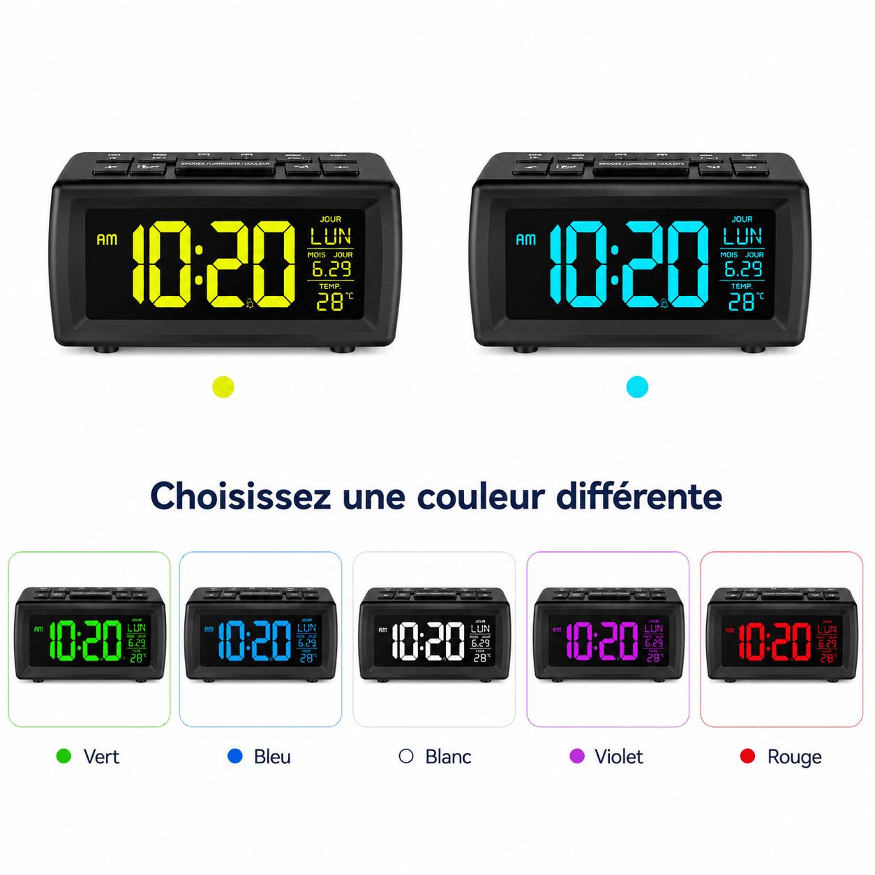 Sept couleurs de rétroéclairage disponibles sur l’écran du radio réveil enfant