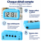 Détails du réveil numérique enfant avec base antidérapante, boutons de réglage et design compact