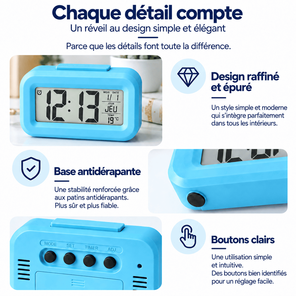 Détails du réveil numérique enfant avec base antidérapante, boutons de réglage et design compact