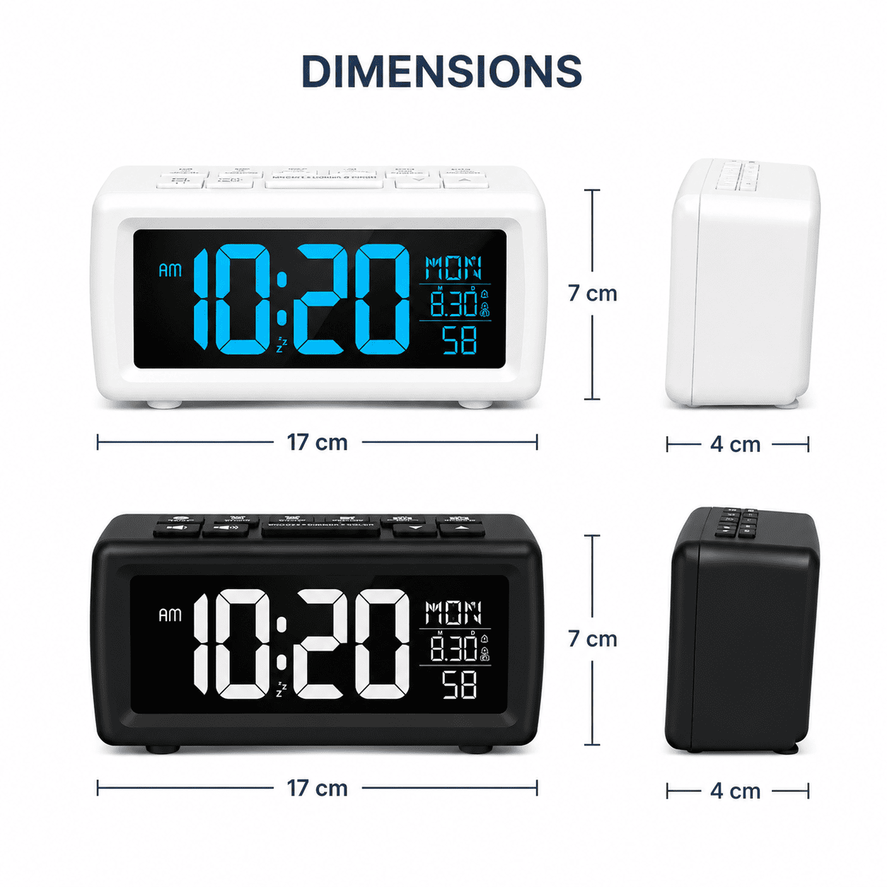 Dimensions du radio réveil enfant : 14 cm de long sur 8 cm de haut