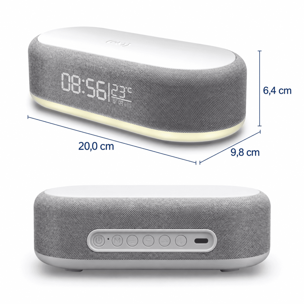 Dimensions du réveil à induction triple alarme : 20 cm de long, 9,8 cm de profondeur et 6,4 cm de haut