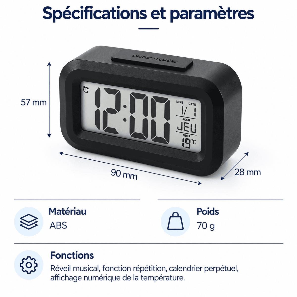 Caractéristiques du réveil numérique enfant avec dimensions, poids, snooze, calendrier et température