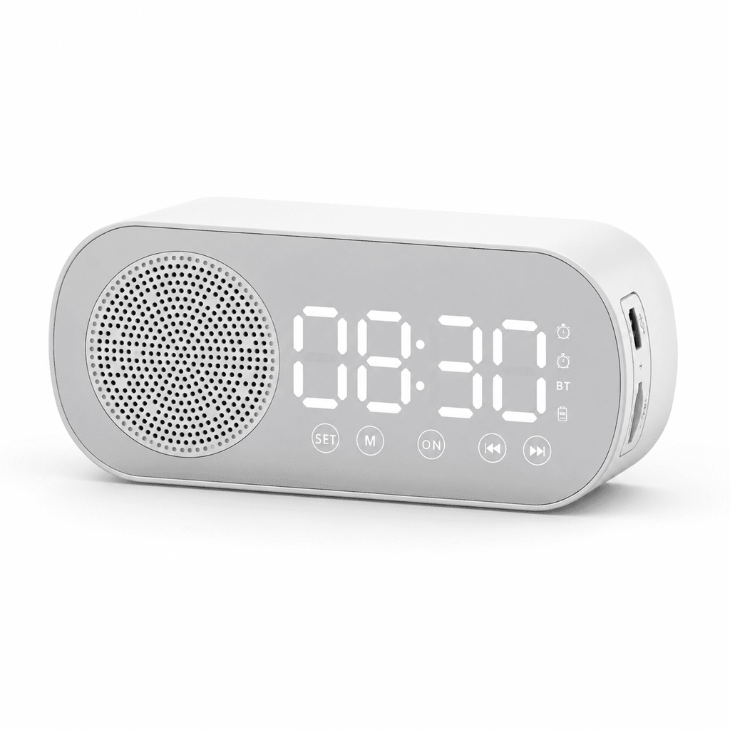 Enceinte radio réveil Bluetooth blanche pour enfant avec écran LED allumé