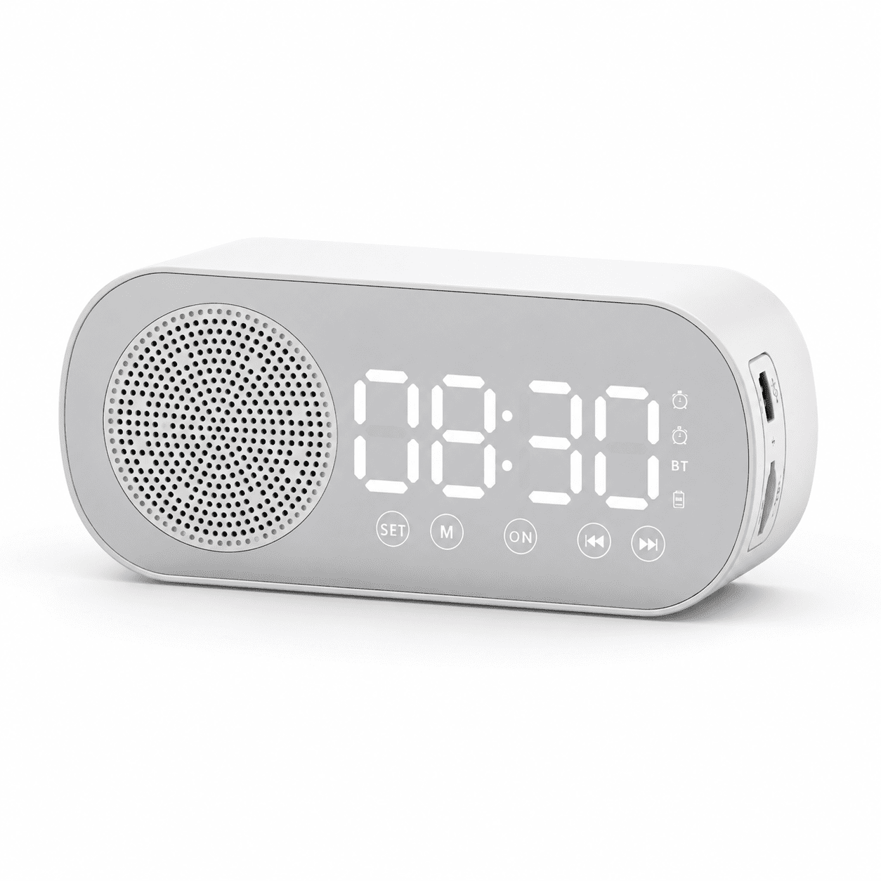 Enceinte radio réveil Bluetooth blanche pour enfant avec écran LED allumé