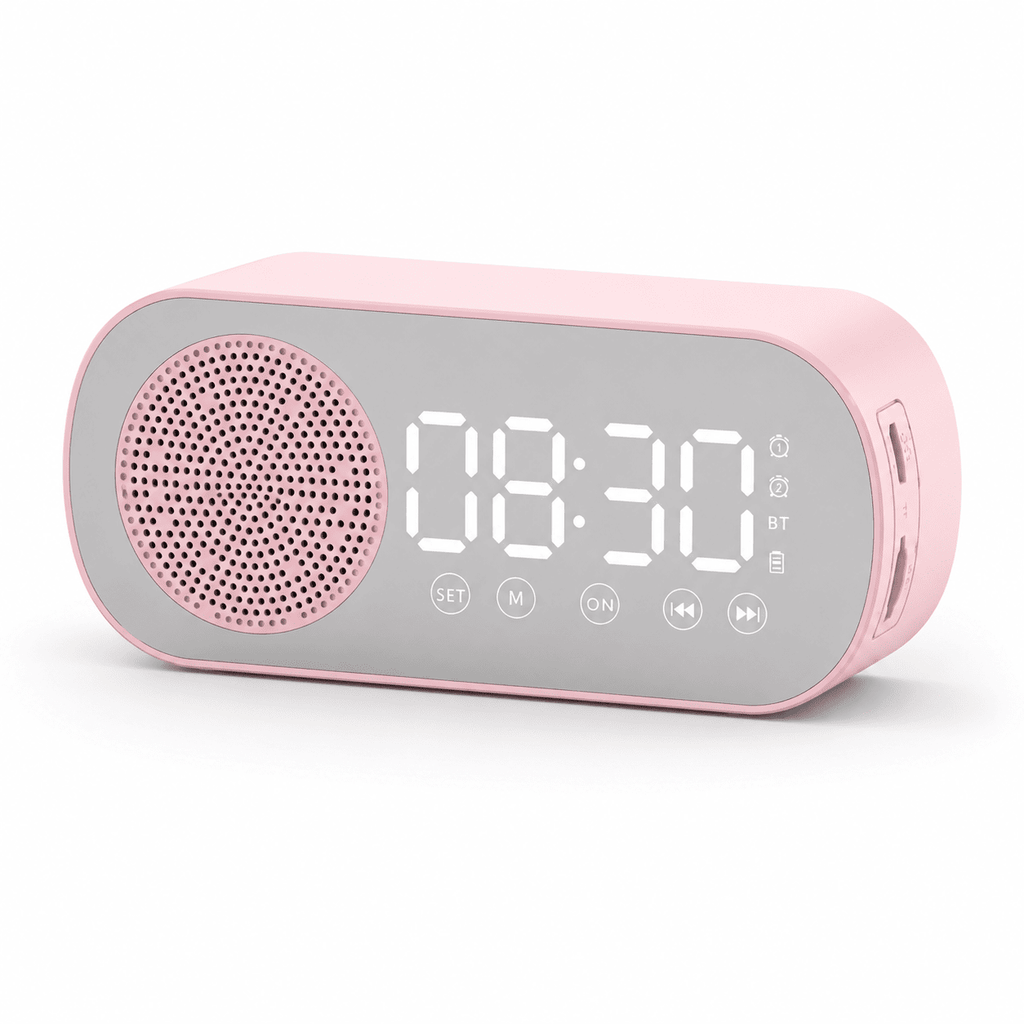 Enceinte radio réveil Bluetooth rose pour enfant vue de face