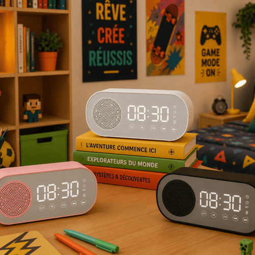 Enceinte radio réveil Bluetooth pour enfant disponible en rose, blanc et noir