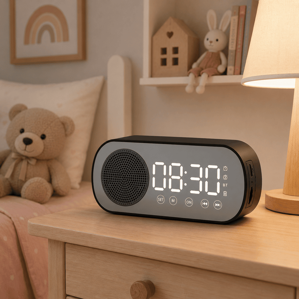 Enceinte radio réveil Bluetooth noire posée dans une chambre d’enfant