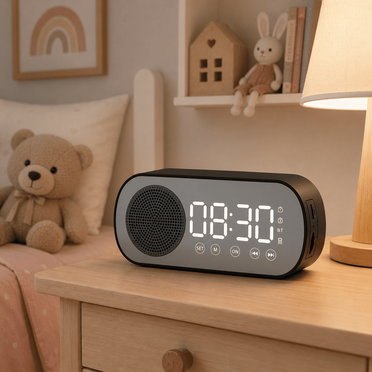 Enceinte radio réveil Bluetooth noire posée dans une chambre d’enfant