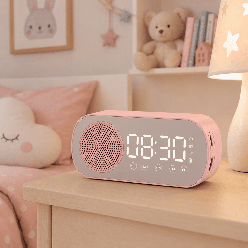 Modèle rose de l’enceinte radio réveil Bluetooth installé dans une chambre d’enfant